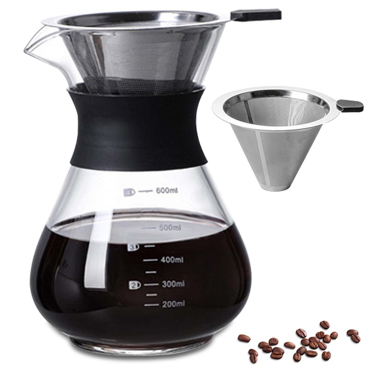 Filtru pour-over Corenia QRE-5146302 cu carafa din sticla borosilicat, filtru din inox reutilizabil si guler silicon, transparent/negru, 600 ml