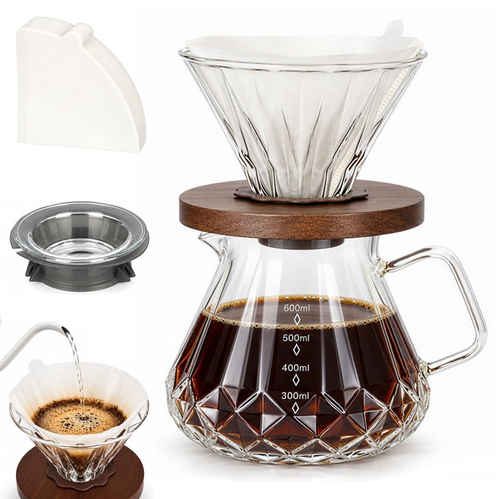 Cafetiera pour-over Corenia QRE-5146377, borosilicat, 600 ml, include 100 filtre de hartie nealbe, fara BPA, sticla transparenta