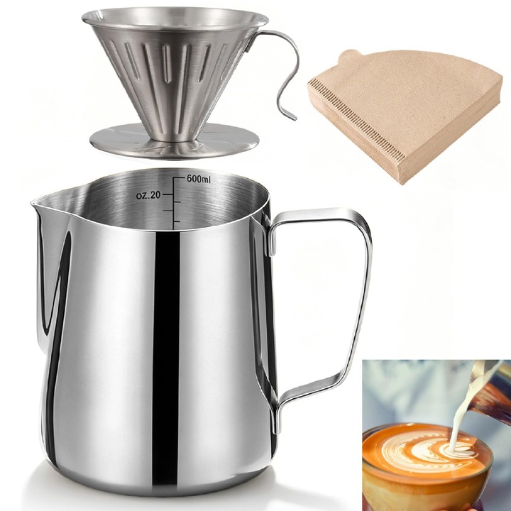 Filtru pour over Corenia QRE-5146374 din otel inoxidabil 304, 600 ml, cu 100 filtre de hartie marimea 02, inox