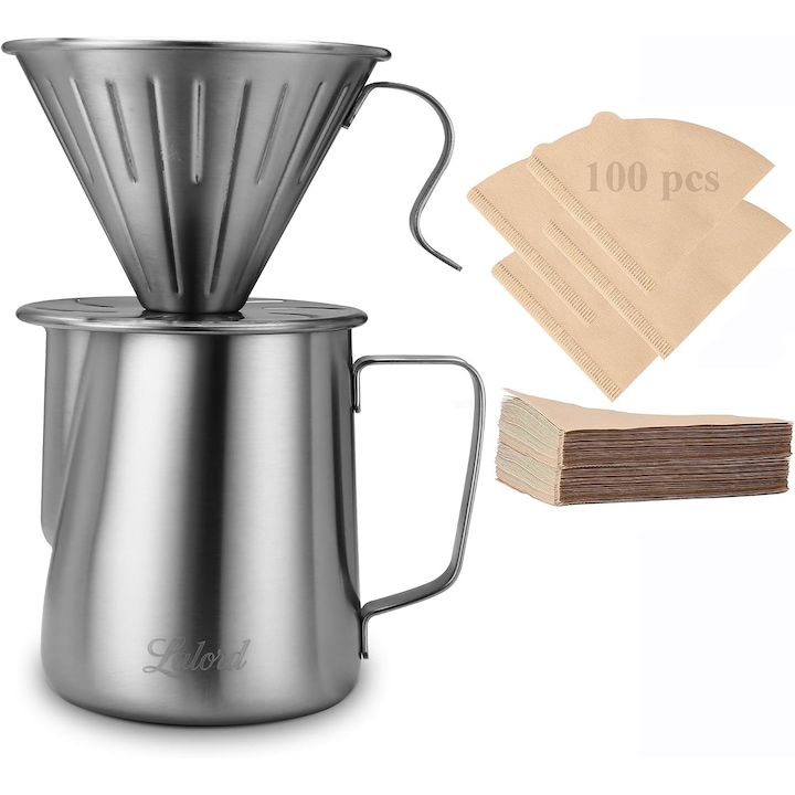 Set pentru prepararea cafelei Pour Over Lalord, otel inoxidabil 304, 600 ml, 100 filtre hartie #2