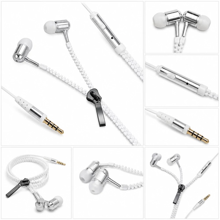Căști cu fir cu design cu fermoar, mufă Jack de 3,5 mm, 130 cm - alb/argintiu