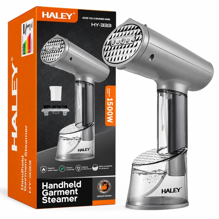 Aparat de Calcat Vertical si Orizontal cu Aburi HALEY HY-333, 1500W, Incalzire Rapida in 20 Secunde, Debit Abur 20-25 g/min, 2 Rezervoare de Apa 70/300 ml, Protectie la Supraincalzire, Perie Inclusa