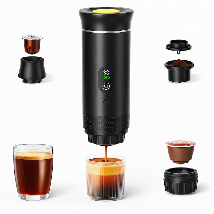 Espressor portabil electric Corenia QRE-5154254, display LCD temperatura, incarcare USB-C, buton touch, compatibil capsule si cafea macinata, negru