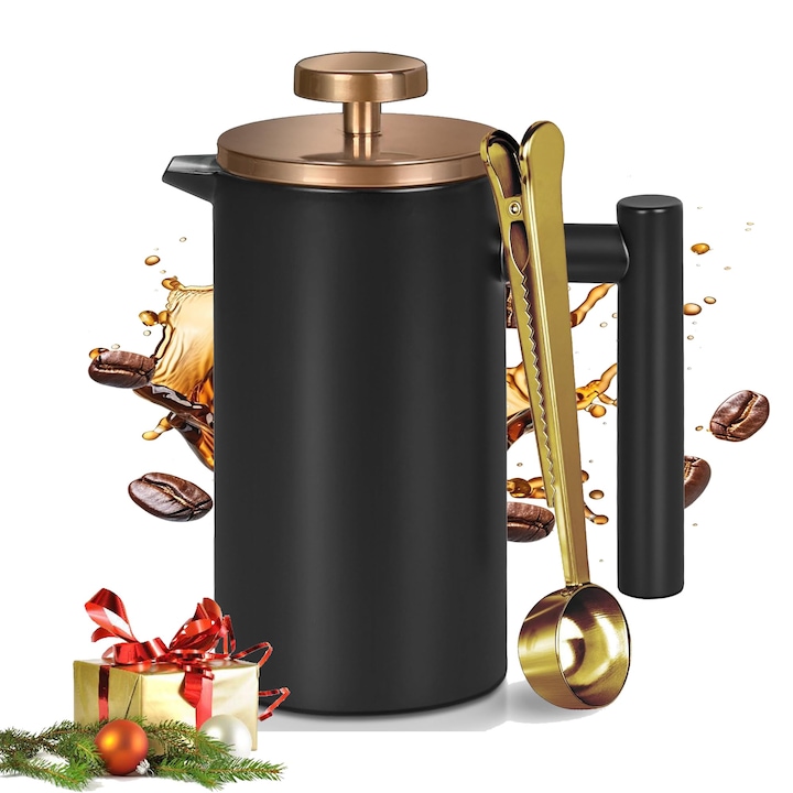 Cafetiera French press Corenia QRE-5154258, din otel inoxidabil 304 dublu perete, filtru in 3 straturi cu 3 filtre de rezerva, 350 ml, negru cu capac cupru