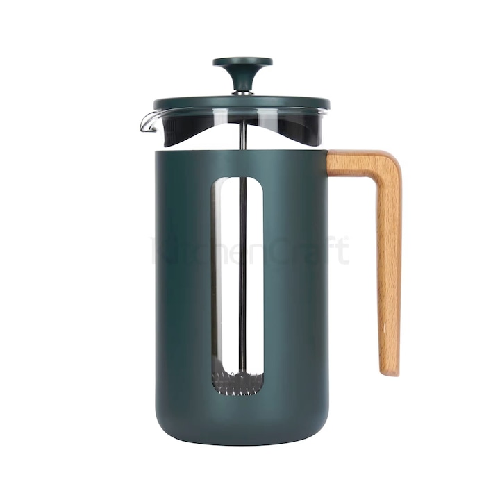 Cafetiera French press Corenia QRE-5154286, cadru din otel inoxidabil cu cana din borosilicat si filtru fin, verde inchis cu maner din lemn, 1 L (8 cesti)