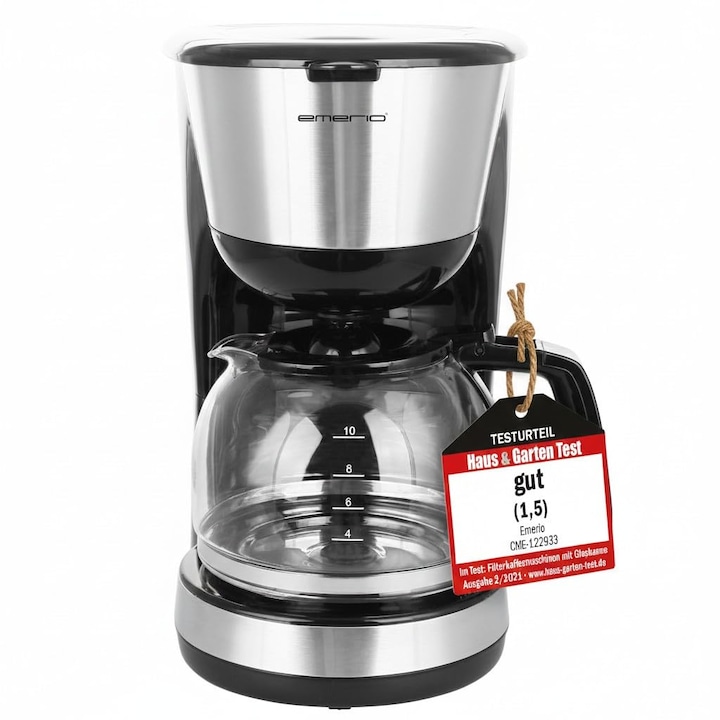 Aparat de cafea cu filtru Corenia QRE-5154135, 1,25 l (pana la 10 cesti), cana din sticla, filtru permanent detasabil, oprire automata, anti-drumare, negru/inox