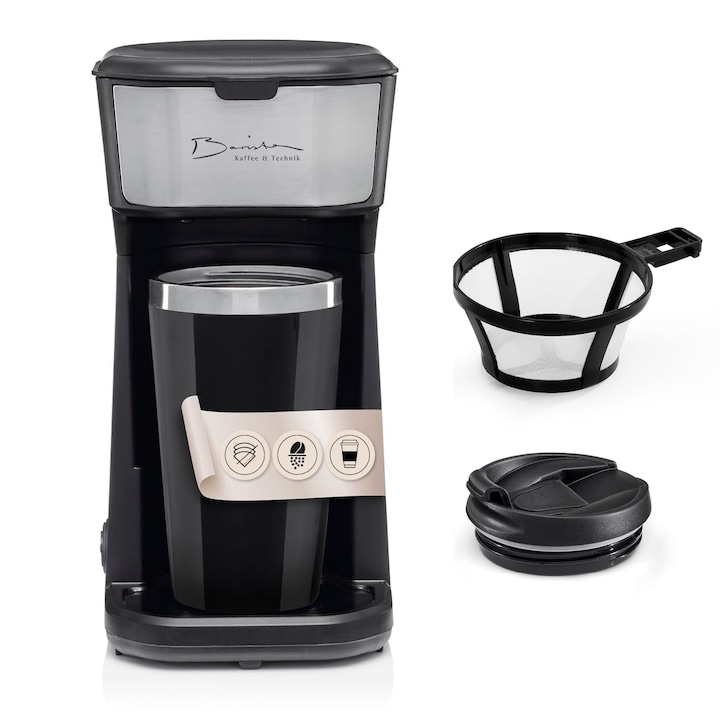 Aparat de cafea cu filtru Corenia QRE-5154140, 450 W, rezervor 420 ml, filtru permanent nylon, cana termo inclusa, negru
