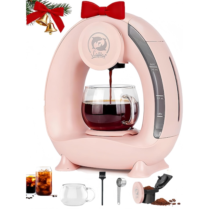 Espressor 2-in-1 Corenia QRE-5154252 pentru cafea macinata si ceai, capacitate 120–240 ml, reglare temperatura 85°C, compact, roz