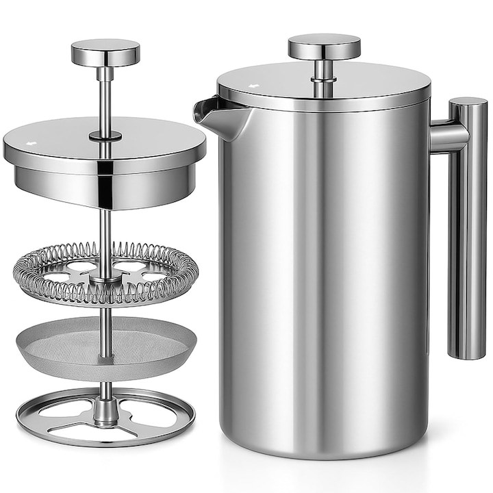 Cafetiera French press Corenia QRE-5154322, inox dublu perete izolat, filtru in 3 straturi, 1 l