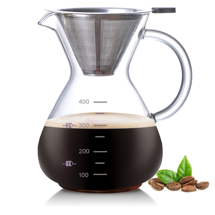 Aparat de cafea cu filtru Corenia QRE-5154086, carafa din sticla 400 ml, filtru fin din inox fara filtre de hartie, manere ergonomice, negru/transparent