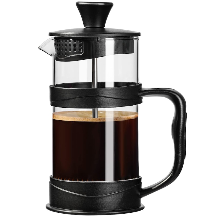French press Corenia QRE-5154316, vas din borosilicat, maner si capac negru, lavabil la masina de spalat, 350 ml