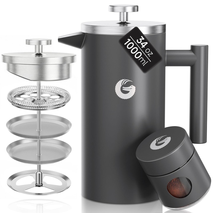 Cafetiera French press Corenia QRE-5154281, din otel inoxidabil 304, dublu perete izolat, filtru in 4 nivele, maner rece, duza anti-picurare, pentru cold brew, gri inchis, 1000 ml