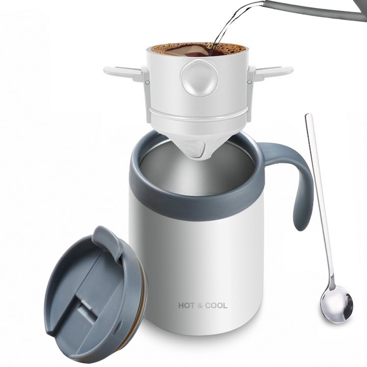 Set de cafetiera portabila, preparare manuala, cafetiera, cafea filtrata, ORBER, cana termica/filtru/lingura, potrivit pentru activitati in aer liber, ceramica/otel inoxidabil, 15*9, 5*13, 9 cm, alb