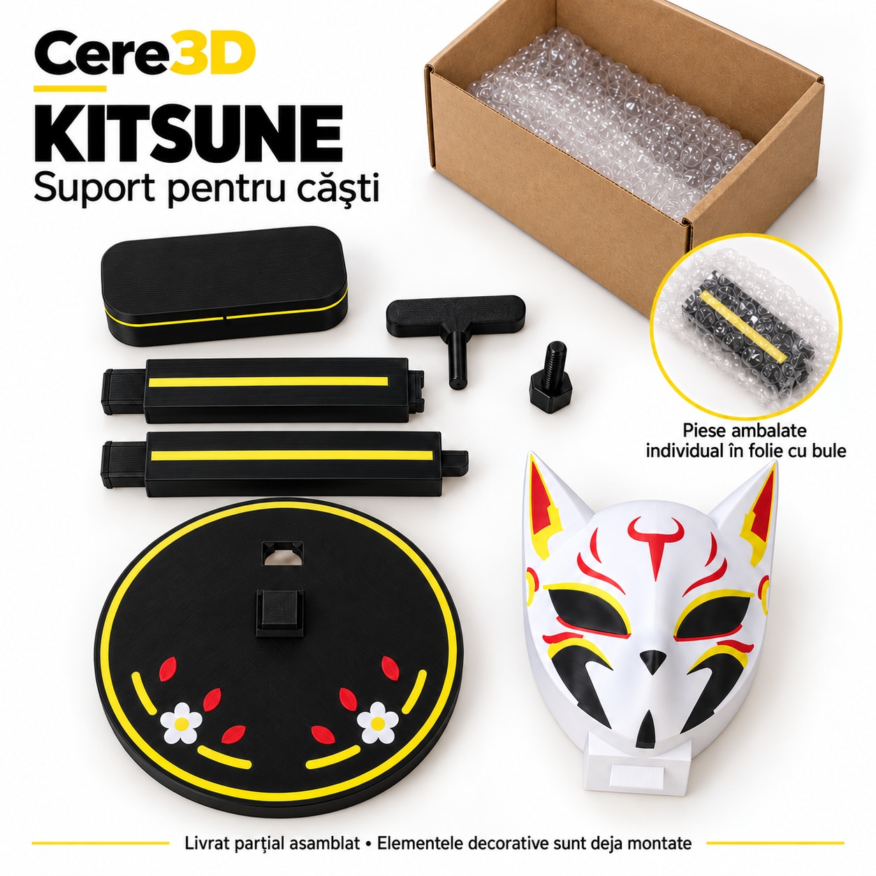 Suport pentru casti Kitsune, imprimat 3D, partial asamblat, multicolor ...