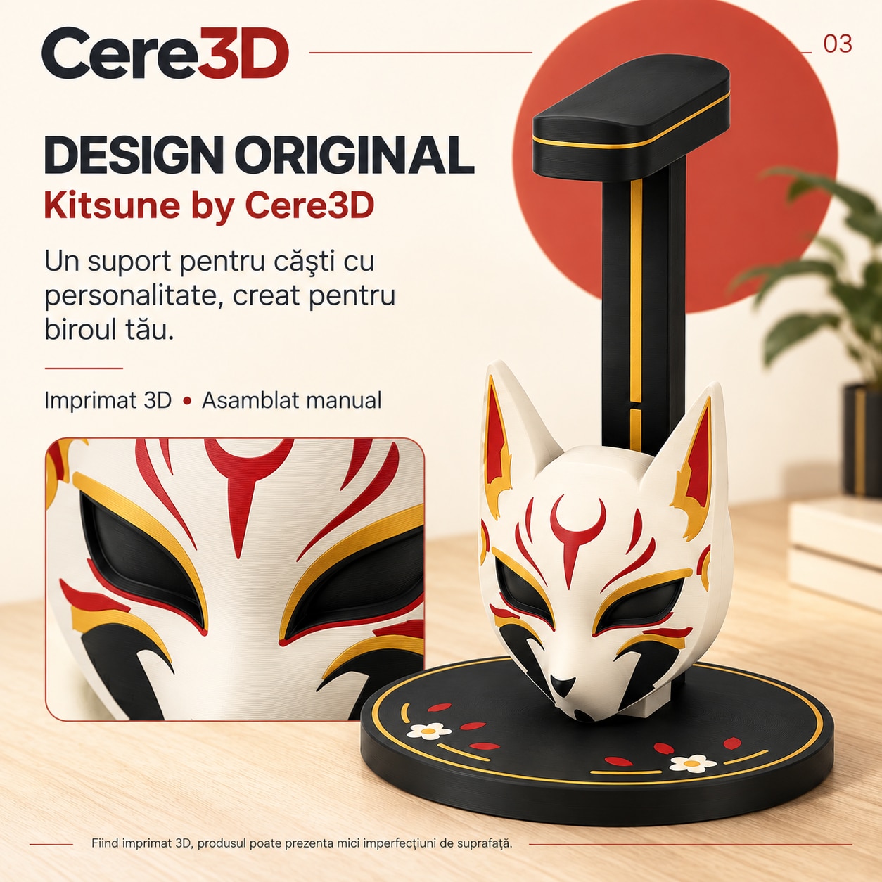 Suport pentru casti Kitsune, imprimat 3D, partial asamblat, multicolor ...