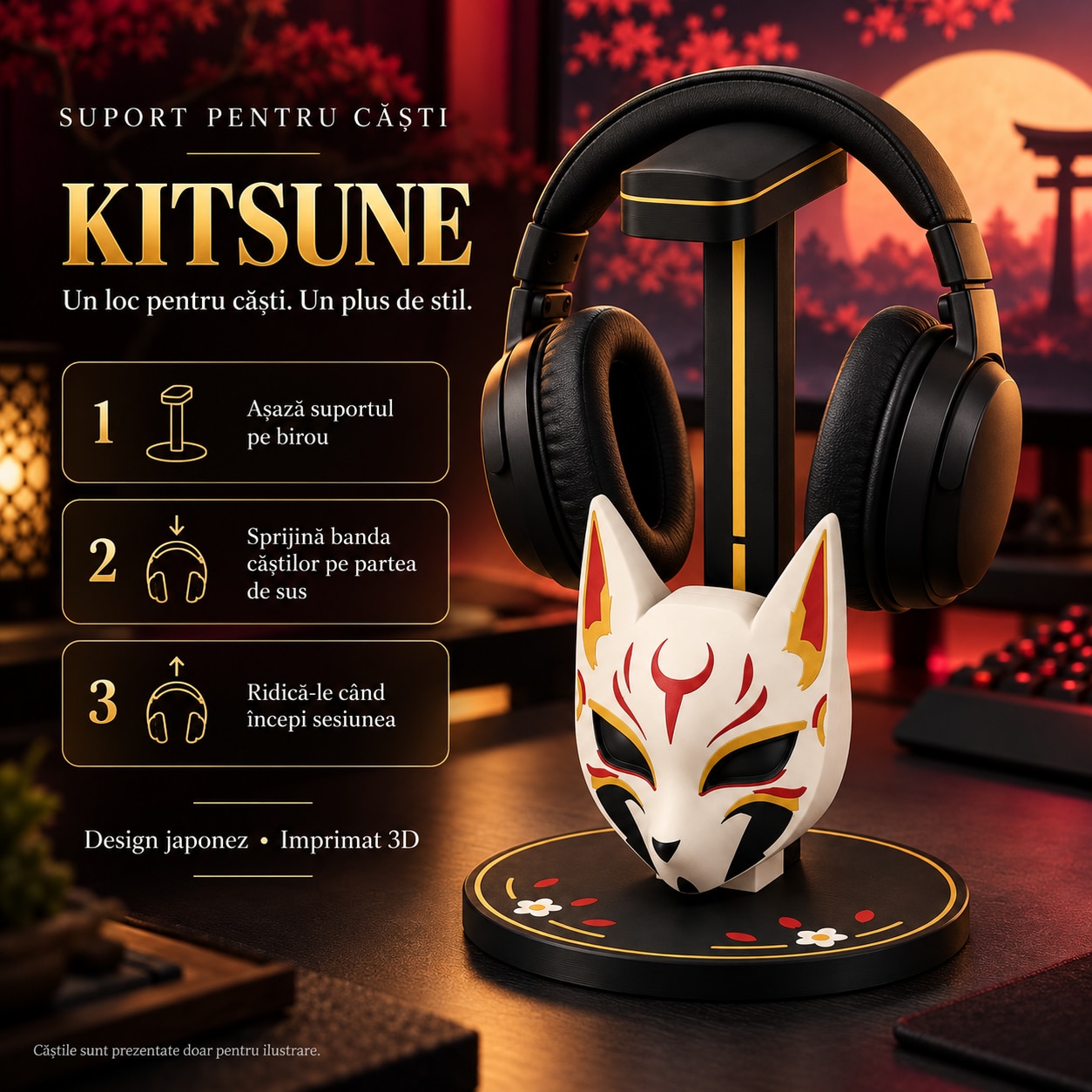 Suport pentru casti Kitsune, imprimat 3D, partial asamblat, multicolor ...