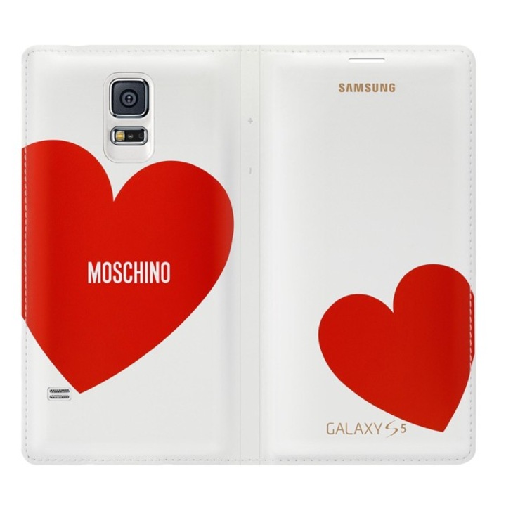 Кожен калъф Samsung Flip Moschino за Samsung Galaxy S5 SM-G900, Samsung Galaxy S5 Neo, бял-червено сърце