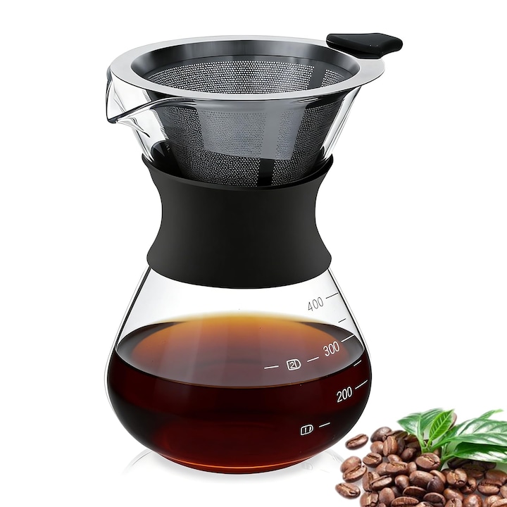 Cafetiera pour-over Corenia QRE-5157758, borosilicat, filtru dublu din otel inoxidabil, multicolor, 400 ml