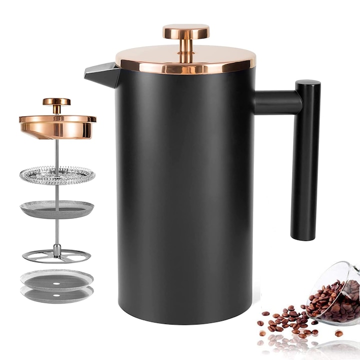 French press Corenia QRE-5157805 din otel inox 18/10, dublu perete, capacitate 1,5 l, negru/roz auriu