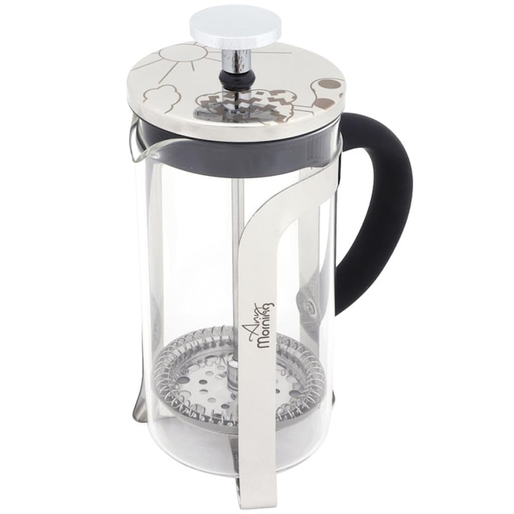 French press Corenia QRE-5157814, sticla borosilicat, filtru fin 3-strat din inox 18/10, maner negru, 600 ml