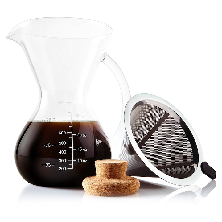 Cafetiera pour-over Corenia QRE-5157809, din borosilicat, filtru permanent din otel inoxidabil, cu lingura dozatoare si capac din pluta, transparent/otel inoxidabil, 800 ml
