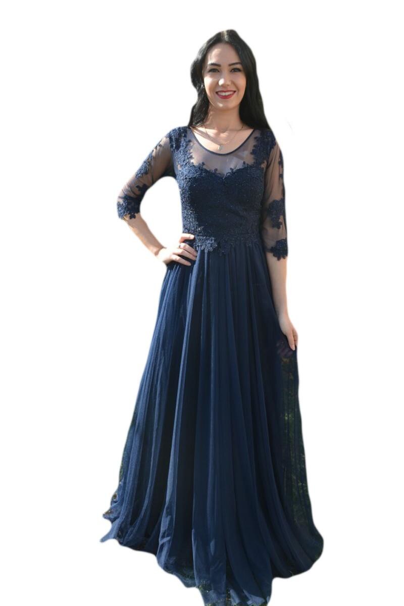 Rochie din tul stratificat cu aplicatii de dantela, D&J Exclusive, Bleumarin