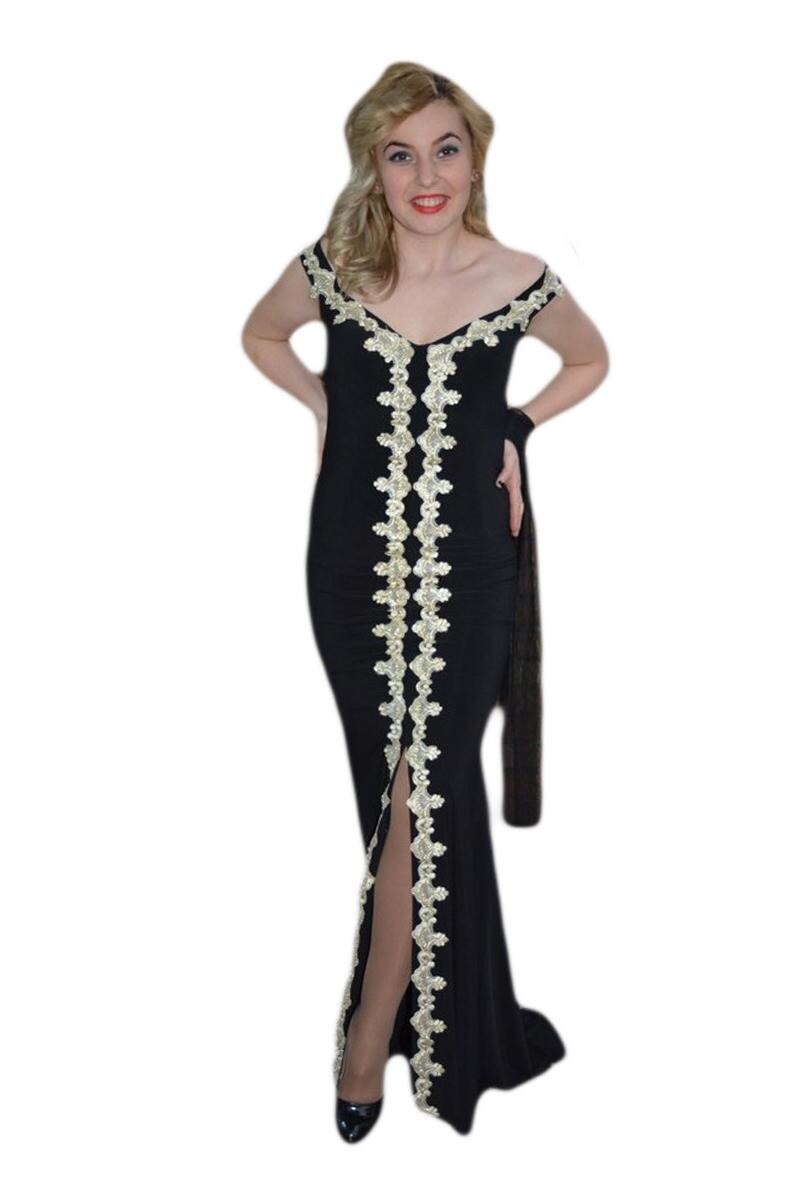 Rochie lunga de seara cu aplicatii de dantela aurie, D&J Exclusive,, Negru