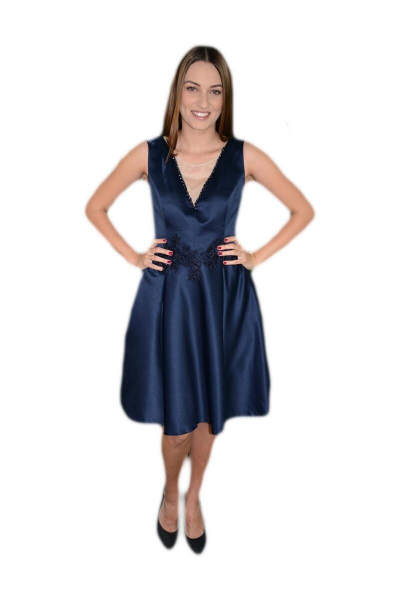 Rochie cu croiala evazata si buzunare ascunse, D&J Exclusive, Albastru marin