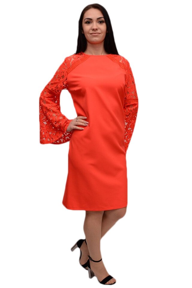 Rochie de ocazie ,material elastic si dantela , D&J Exclusive, Corai