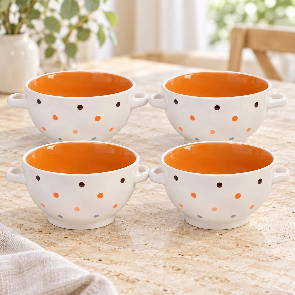 Callena Set de 4 boluri de ceramică ivory buline multicolore, 650 ml