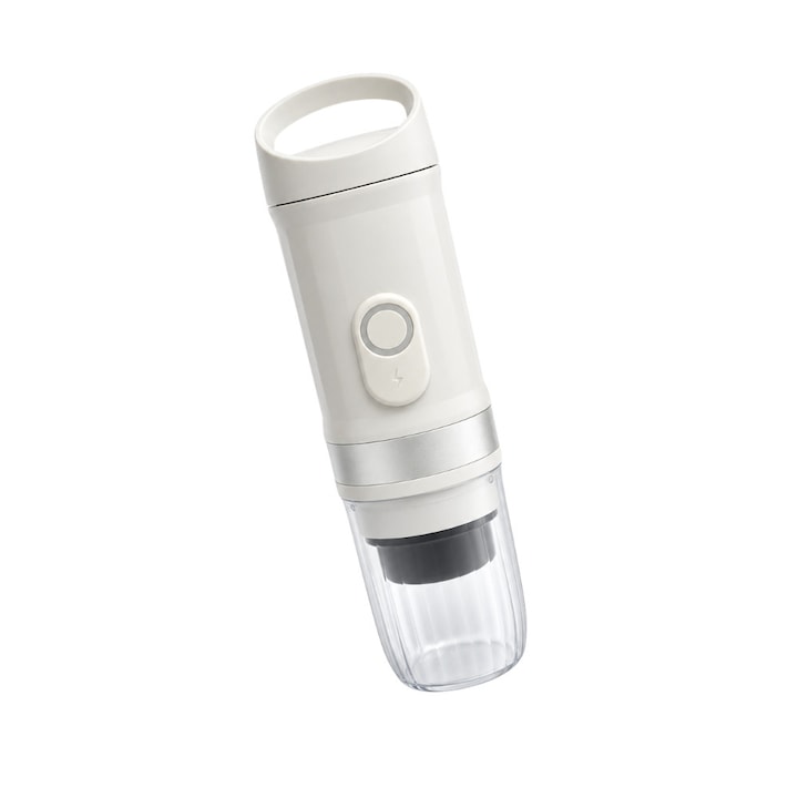 Espressor Portabil 3 in 1, Presiune 20 Bar, Acumulator Litiu 9600 mAh (30 Wh), Putere 100W, Alimentare 12V / USB, Compatibil Capsule Nespresso, Dolce Gusto si Cafea Macinata, Rezervor 60 - 80 ml, Dimensiuni 77 x 77 x 268 mm, Greutate 1 kg, Alb