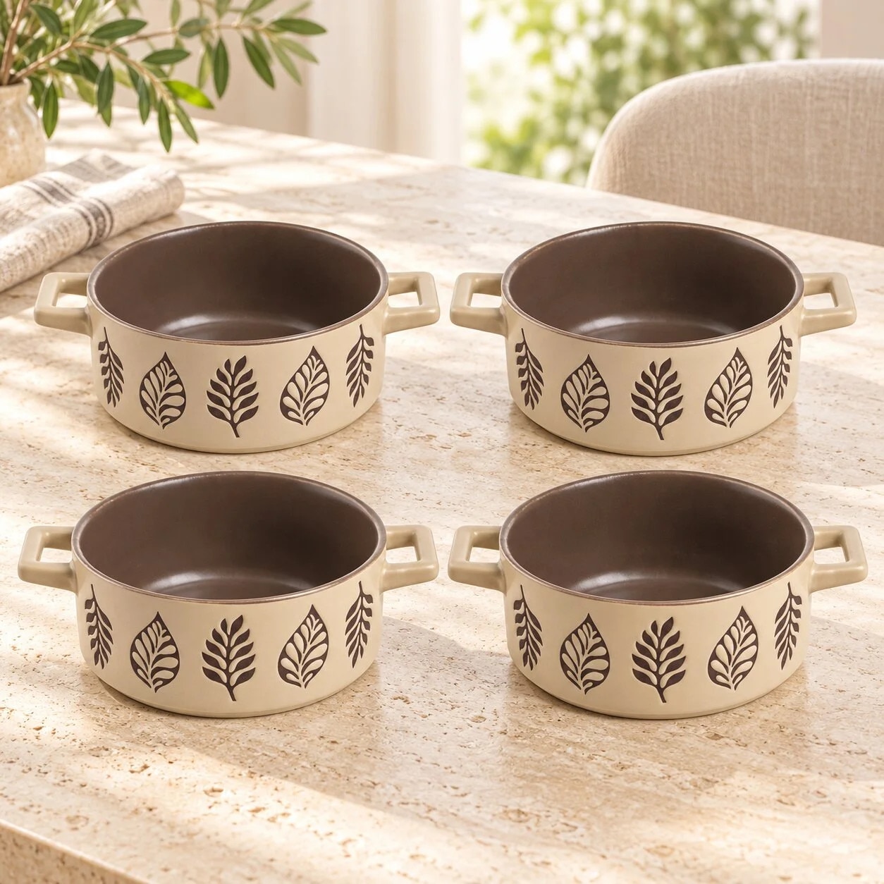Callena Set de 4 boluri de ceramică frunzulite maro bej, 580 ml