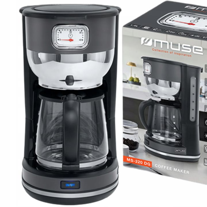 Cafetiera de filtru Muse MS-220DG (NUHBR18AV23), 1000W, carafa din sticla 1,4 L (10 cesti), mentinere caldura 40 min, blocare anti-picurare, oprire automata, grafit