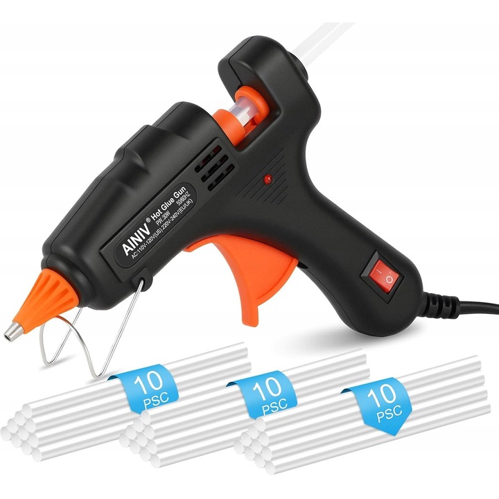 Pistol de lipit cu silicon 30W, model WXBFUDMOFNDG, bete de lipit 7 mm 30 buc., negru/oranj