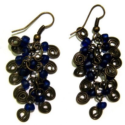 Cercei Moazi Handmade wineHouse, Antique Bronz, Albastru Cerneala