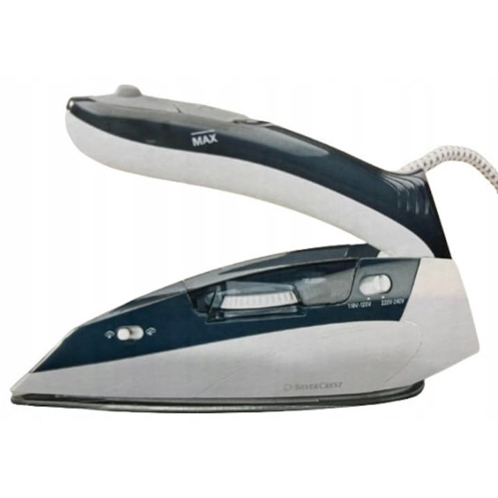 Fier de calcat cu abur SilverCrest SDBRK 1000 A1 (0XTIUJPQR), 1100 W, pentru calatorie, tensiune duala 110-120V/220-240V, albastru inchis/alb