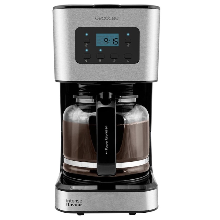 Cafetiera cu filtru Cecotec Coffee 66 Smart SBS3SU9E9, 950 W, programator pornire, oprire automata, carafa sticla 1,5 l (10-15 cesti), display, argintiu-negru