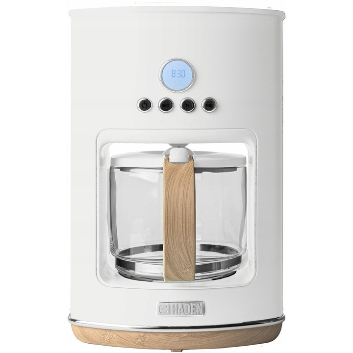 Cafetiera filtranta Haden Dorchester HAD209290 (7OES2R2Q19J), 1080 W, programabila cu timer, 1,5 L, filtru fix lavabil, carafa din sticla, protectie anti-picurare, alb/lemn