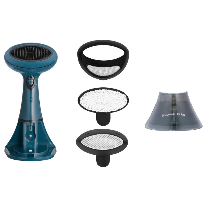 Aburitor pentru haine Russell Hobbs Steam Genie 27220-56 (3FZVX8NDY), 1800 W, flux abur 28 g/min, rezervor 200 ml, 3 accesorii pentru delicate/tapiterie/indepartare par, autonomie ~7 min, turcoaz