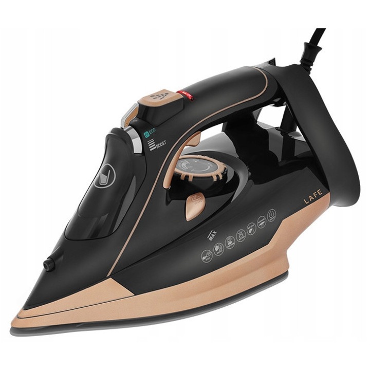 Fier de calcat cu abur Lafe VaporMax 8H5HTPGL, 3000 W, talpa ceramica, abur continuu 10-25 g/min, jet de abur 80 g, rezervor 320 ml, anti-calc, anti-drip, auto-stop, vaporizare verticala, spray, negru/aur roz