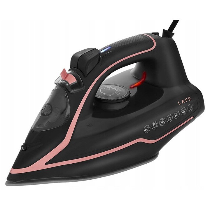 Fier de calcat cu abur Lafe SteamPro OO3UVUJN4G1, 2200 W, talpa ceramica, abur continuu 10–25 g/min, jet abur 80 g, rezervor 330 ml, functie Auto Stop, anti-calc, anti-drip, negru/roz