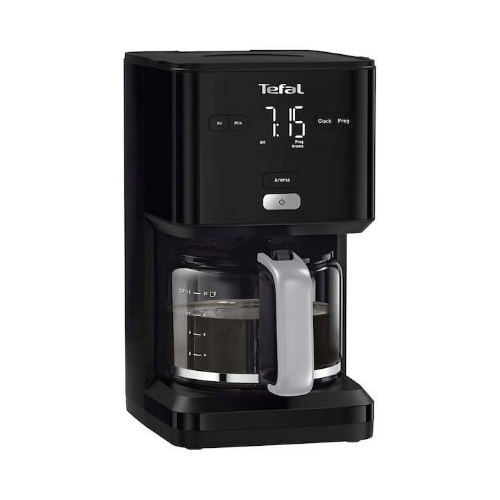 Cafetiera filtranta Tefal Smart'n'Light RC0ON8DWK7D, 1,25 l, 1000 W, timer si programare, anti-picatura, carafa din sticla, negru