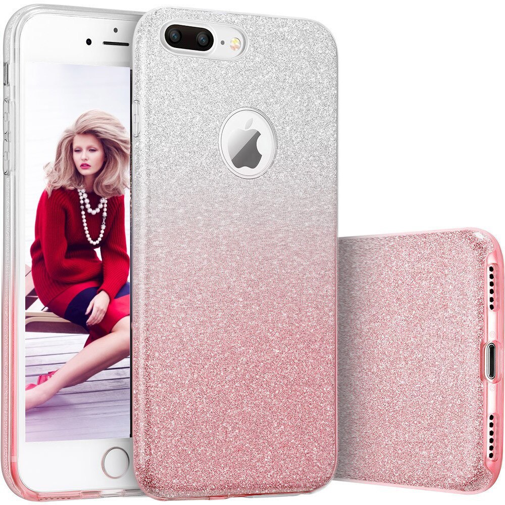 Husa telefon Iphone 6 Plus/ 6S Plus ofera protectie Glitter Shine Degradee Silver-Pink