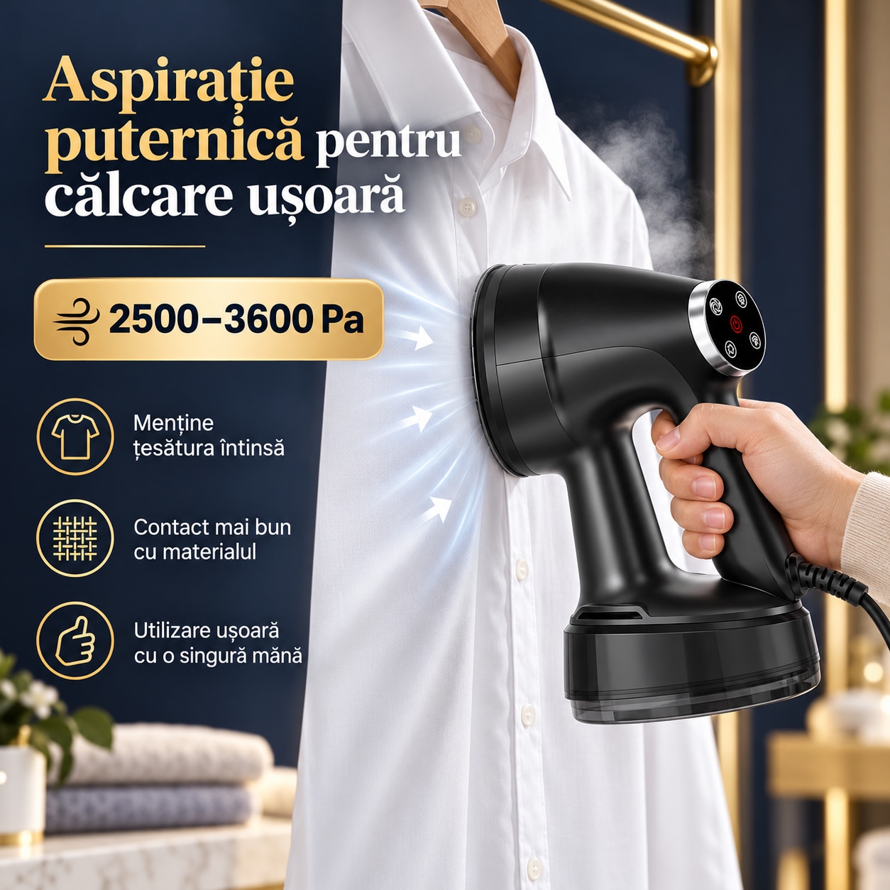 Aparat de calcat vertical cu abur si aspiratie RAPAZ® SteamVac PRO, 1600 W, VacuumGrip 2500-3600 Pa, rezervor detasabil 400 ml, 2 niveluri abur, panou tactil, incalzire rapida, Auto Shut-Off, Negru