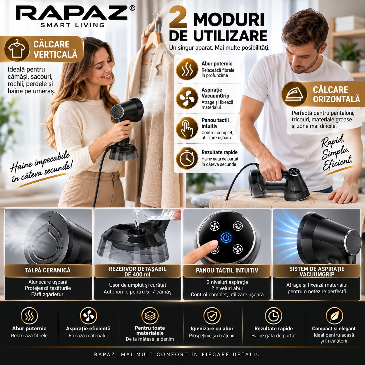 Aparat de calcat vertical cu abur si aspiratie RAPAZ® SteamVac PRO, 1600 W, VacuumGrip 2500-3600 Pa, rezervor detasabil 400 ml, 2 niveluri abur, panou tactil, incalzire rapida, Auto Shut-Off, Negru