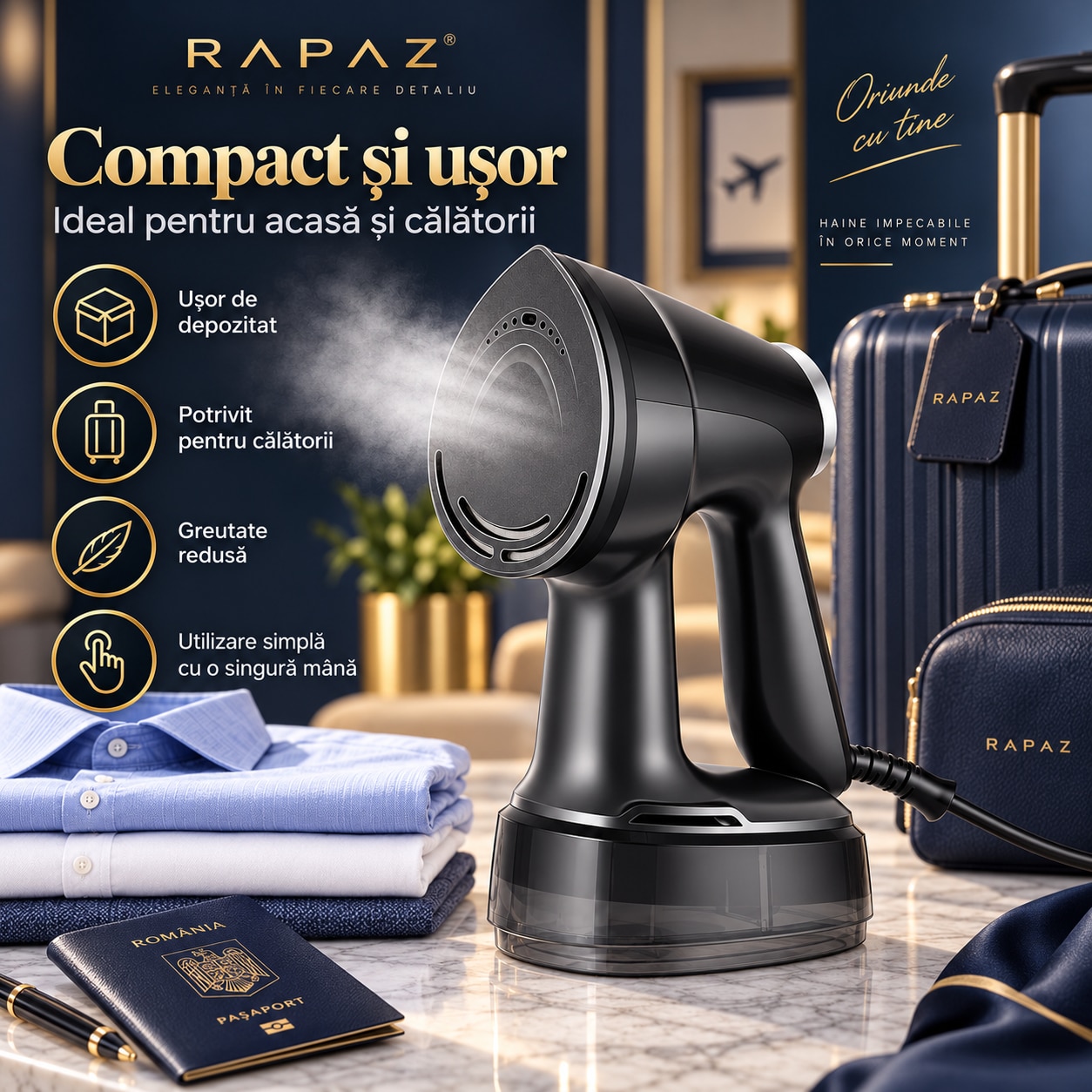 Aparat de calcat vertical cu abur si aspiratie RAPAZ® SteamVac PRO, 1600 W, VacuumGrip 2500-3600 Pa, rezervor detasabil 400 ml, 2 niveluri abur, panou tactil, incalzire rapida, Auto Shut-Off, Negru