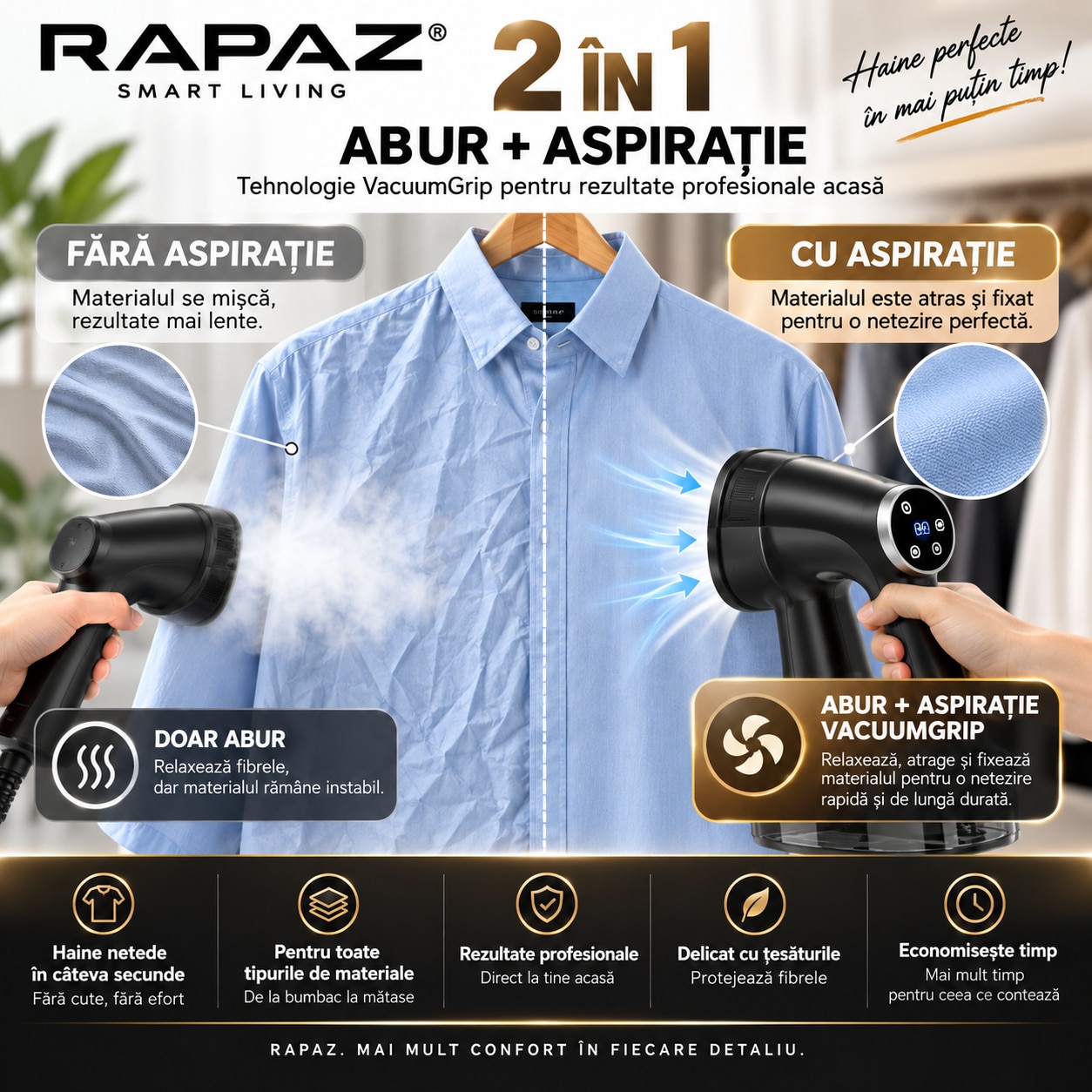 Aparat de calcat vertical cu abur si aspiratie RAPAZ® SteamVac PRO, 1600 W, VacuumGrip 2500-3600 Pa, rezervor detasabil 400 ml, 2 niveluri abur, panou tactil, incalzire rapida, Auto Shut-Off, Negru