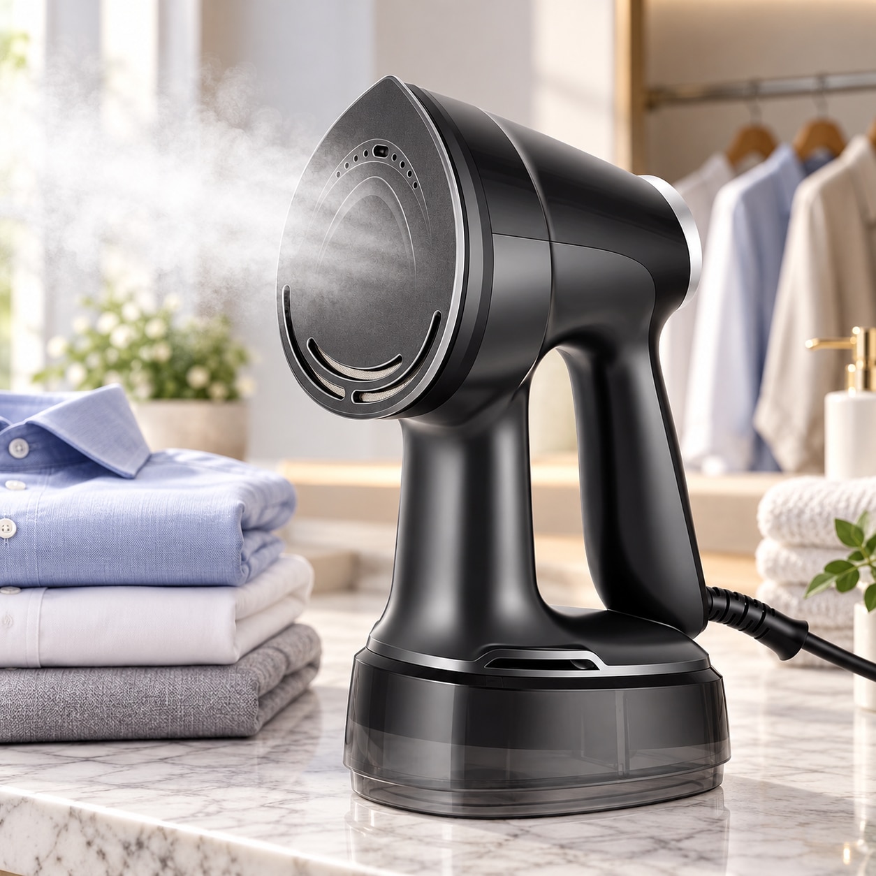 Aparat de calcat vertical cu abur si aspiratie RAPAZ® SteamVac PRO, 1600 W, VacuumGrip 2500-3600 Pa, rezervor detasabil 400 ml, 2 niveluri abur, panou tactil, incalzire rapida, Auto Shut-Off, Negru