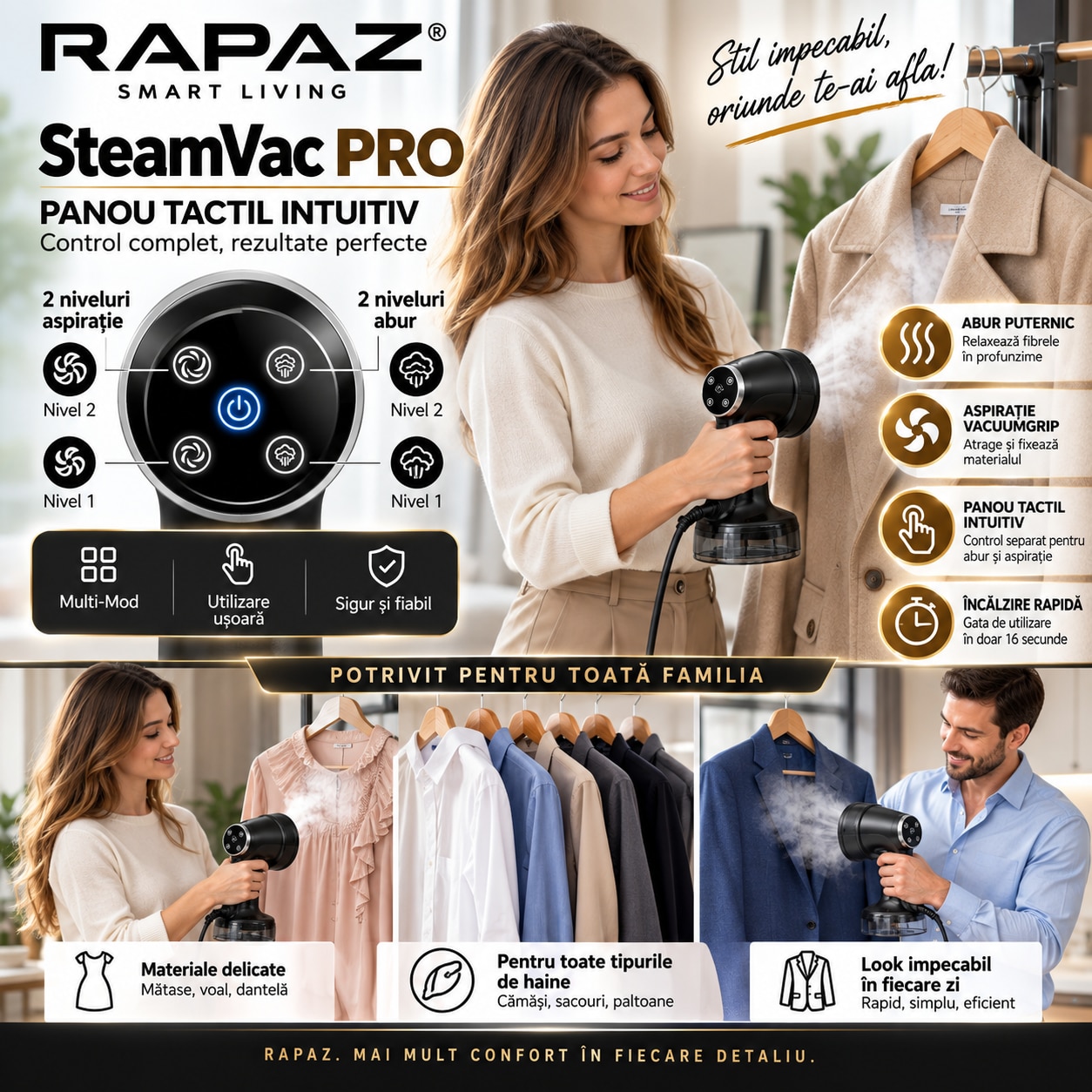 Aparat de calcat vertical cu abur si aspiratie RAPAZ® SteamVac PRO, 1600 W, VacuumGrip 2500-3600 Pa, rezervor detasabil 400 ml, 2 niveluri abur, panou tactil, incalzire rapida, Auto Shut-Off, Negru