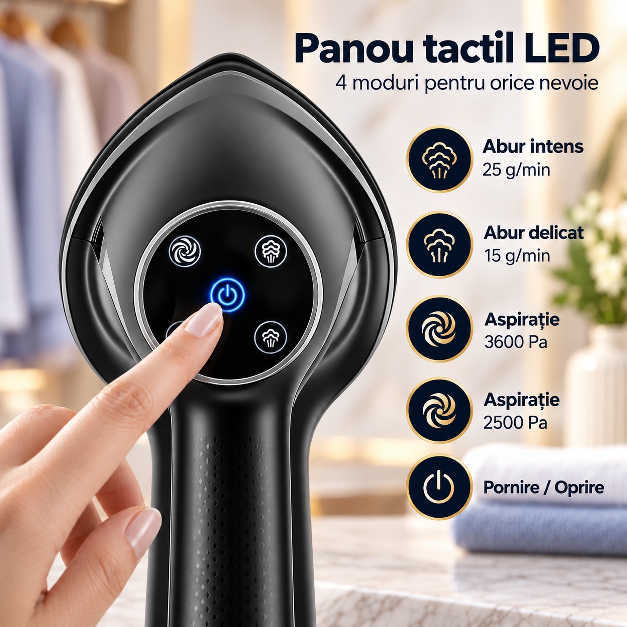 Aparat de calcat vertical cu abur si aspiratie RAPAZ® SteamVac PRO, 1600 W, VacuumGrip 2500-3600 Pa, rezervor detasabil 400 ml, 2 niveluri abur, panou tactil, incalzire rapida, Auto Shut-Off, Negru